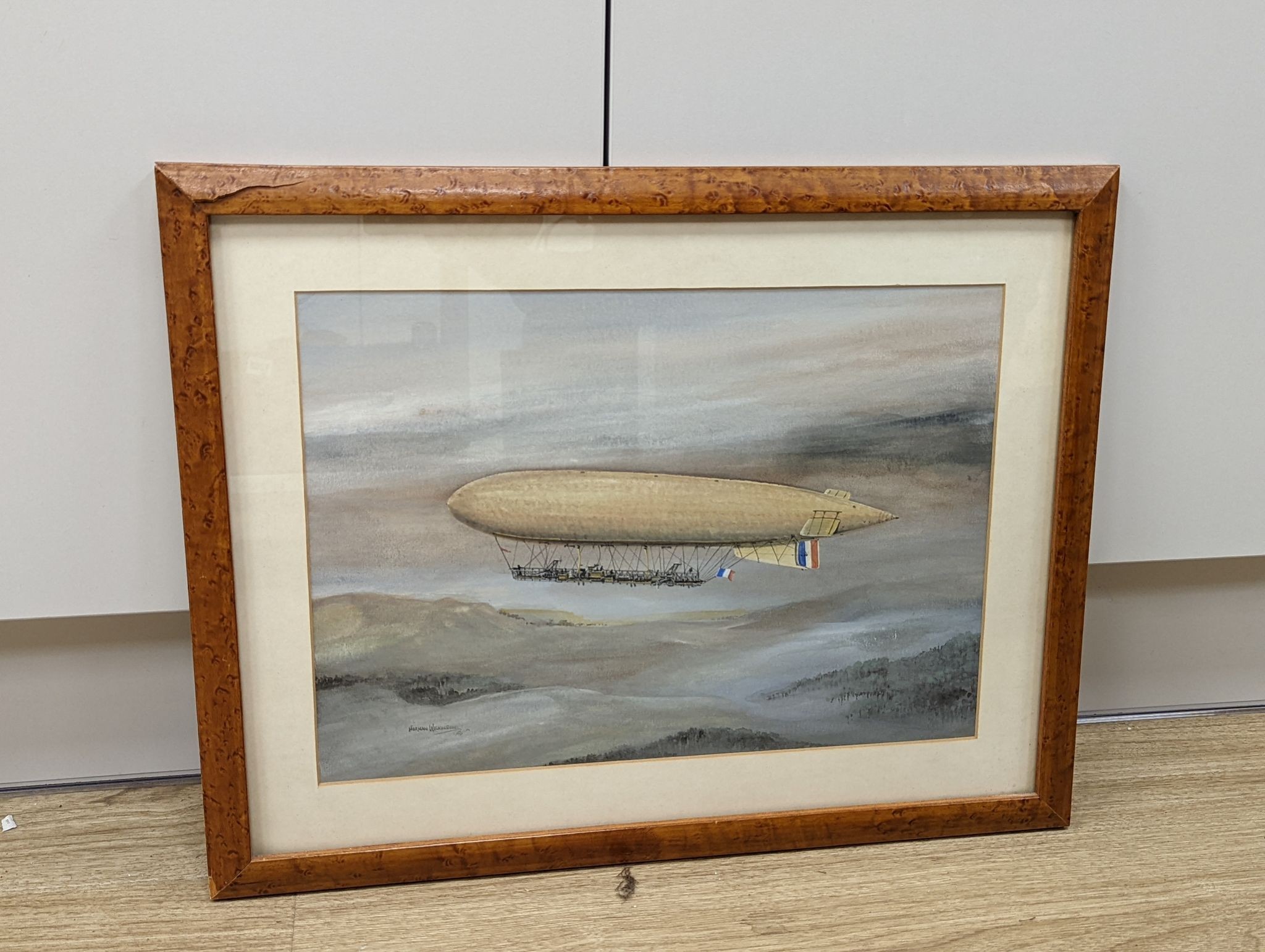 Norman Wilkinson (1878-1971), ink and watercolour, Fleurus Airship French Army 1912, signed with label verso, 27 x 38cm